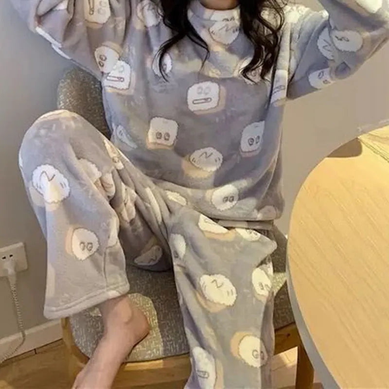 Flannel Women Pajamas Sets New 2022 Autumn Winter Warm Thick Coral Velvet Long Sleeve Cartoon Sleepwear Home Pijamas Set Girl