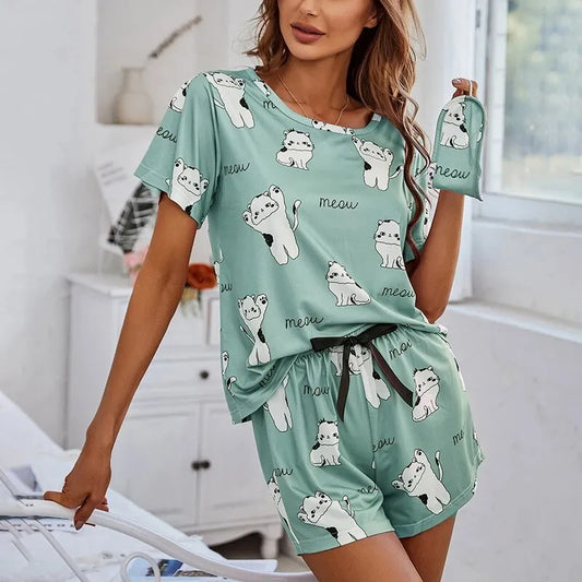 Women Pajamas Sets Short Sleeve Nightwear Top and Pants Sleepwear 3 Piece Pjs Loungewear Cartoon Print Pyjamas Set Nightwear