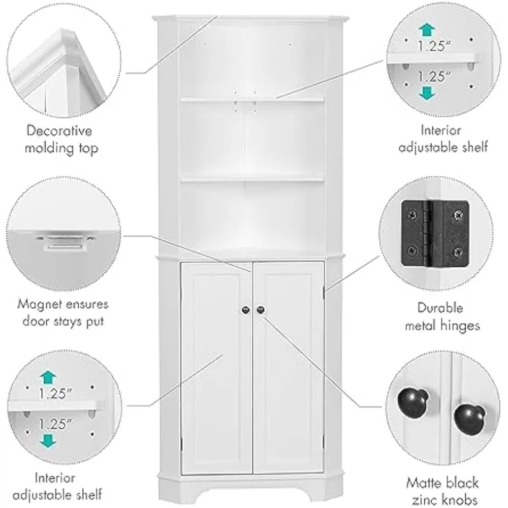 Spirich Bathroom Tall Corner Cabinet, Floor Storage Cabinet with Doors and Adjustable Shelves, Freestanding Corner Cabinet