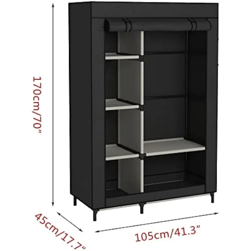 Buzowruil Canvas Wardrobe Portable Closet Wardrobe Clothes Storage with 6 Shelves and Hanging（Black/Black）optional