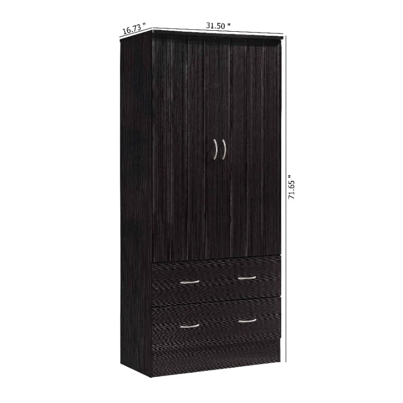 Hodedah Two Door Wardrobe with Two Drawers and Hanging Rod, Chocolate /Cherry/Beech/Black）Optional