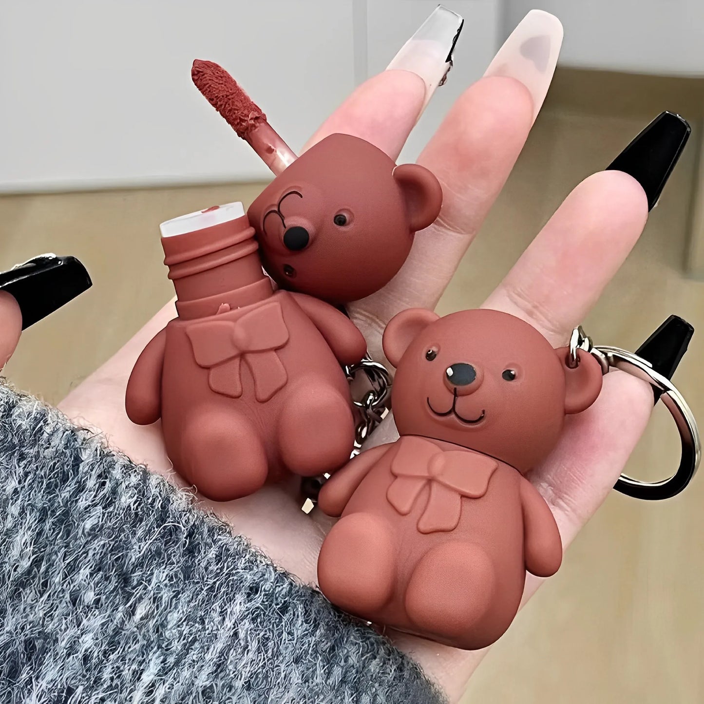 Cute Bear Keychain Lip Mud Matte Velvet Mousse Grey Pink Lipstick Waterproof Long Lasting Non-Stick Cup LipGloss Korean Cosmetic