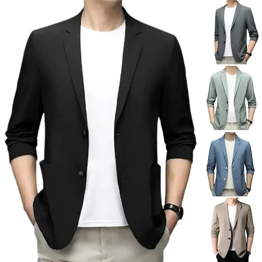 Men Blazers Slim Fit Double Buttons Business Jacket Lapel 3/4 Sleeves Commuting Suit Coat Solid Color Lapel Groom Coat