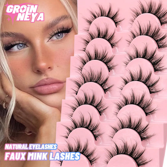 GROINNEYA 7 pairs Eyelashes 3D Natural False Lashes Fluffy Soft Cross Manga Lashes Wispy Natural Eyelash Extension Makeup