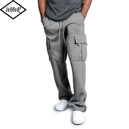 Autumn Winter Fleece Sweatpant Men's Casual Multi-pocket Loose Straight-leg Overalls Male Solid Color Thick Casual Pants