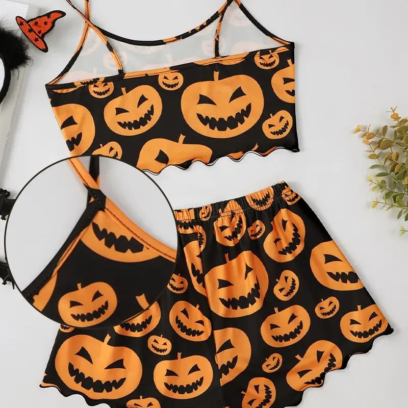 Halloween Pumpkin Print Pajama Set Spooky Pumpkin Head Print Round Neck Camisole Top and Pumpkin Lettuce Side Shorts Homewear Pa