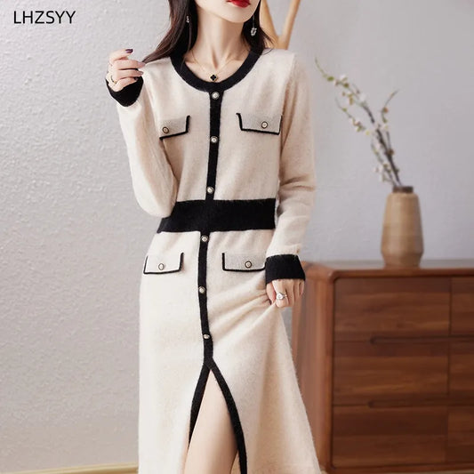 LHZSYY Cashmere Knit Dress Women New Autumn O-Neck Pullover Sweater Slit Mid-Length Over The Knee Skirt MatchingColor Wool Skirt