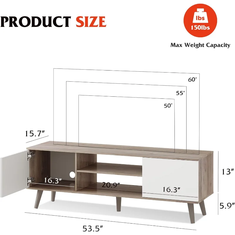 WLIVE TV Stand for 55 60 inch TV, Boho Entertainment Center with Storage Cabinets, TV Console for Living Room Decor, Greige Whit