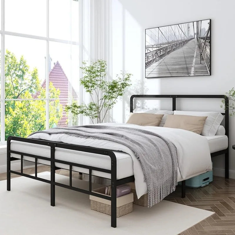 Full Size Metal Bed Frame with Headboard and Footboard, 14 Inch Black Heavy Duty Mattress Foundation with Steel Slat Support