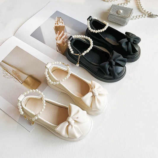 Girls Leather Shoes for Wedding Party 2023 Early Autumn Brand New Kids Flats Pearls Ankle Strap Chic Sweet Princess School Shoes