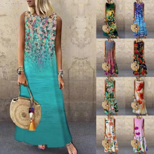 2023 Summer Womens Dresses Elegant Sleeveless Flower Print A-Line Round Neck Casual Party Long Female Dress Bohemian Beach