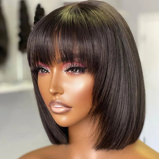 Straight Bob Human Hair Wigs With Bangs Short Brazilian Human Hair 150density For Woman No Lace Full Machine Made Human Hair Wig