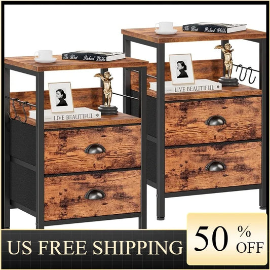 Furologee Nightstands Set 2, End Table with Fabric Drawers, Bedside Table with Hooks, 2 Tier Shelves Side Table