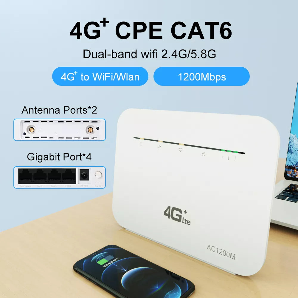 Benton Unlock Wireless 5G Router CPE Cat 6  Wifi Repeater AC1200 Modem 4G+ 1200Mmbps Gigabit Lan Gain Antennas Port SIM card