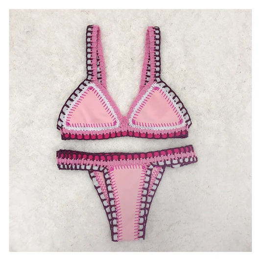 Women Sexy Bikinis Swimwear With Elastic Swimsuit Handmade Crochet Pink Bikini Sets