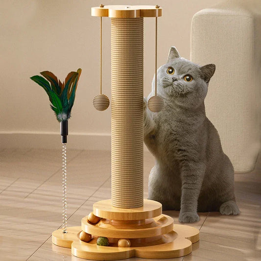 Pet Cat Toy Solid Wood Turntable with Funny Stick Balls Durable Sisal Scratching Board Kitten Indoor Grab Column Supplies Gatos