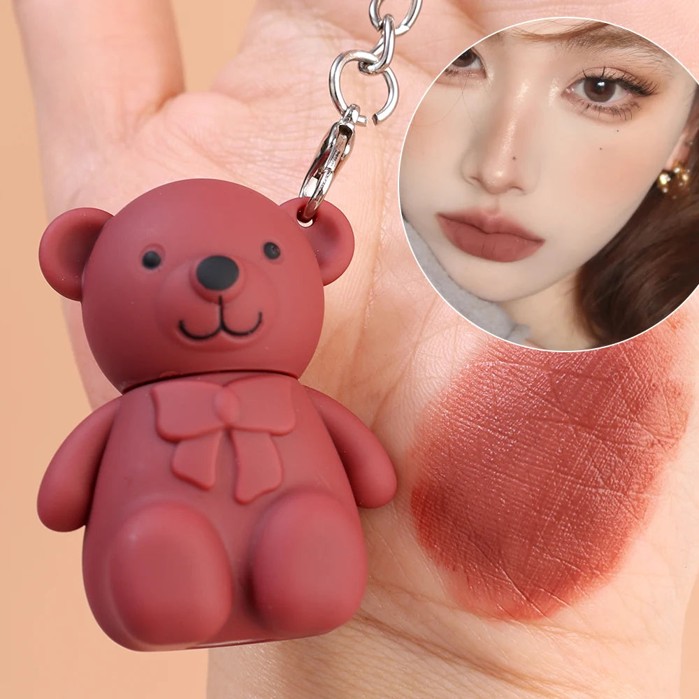 Cute Bear Keychain Lip Mud Matte Velvet Mousse Grey Pink Lipstick Waterproof Long Lasting Non-Stick Cup LipGloss Korean Cosmetic