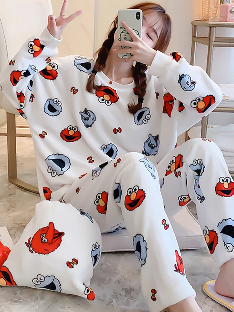 Winter Flannel Women Pajamas Sets Kawaii Cartoon Long Sleeve Sleepwear Warm Thick Coral Velvet Girl Home Pijamas Set New 2023