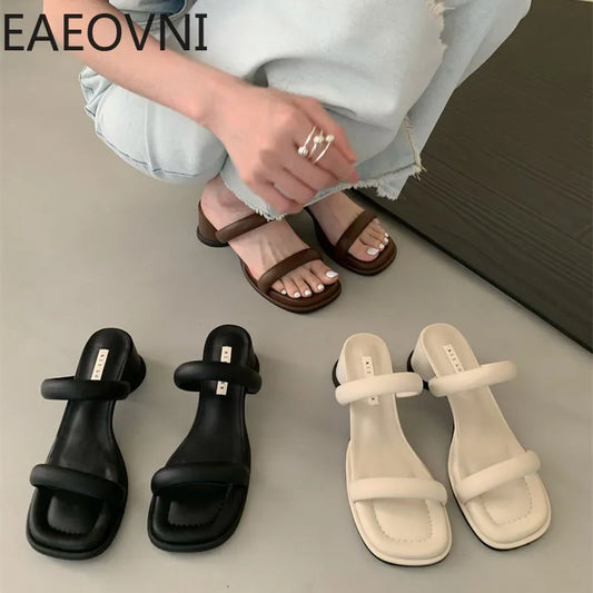 Summer Fashion Women Slipper Ladies Elegant Open Toe Slip On Thick Heel Slides Outdoor Casual Beach Vacation Sandalias