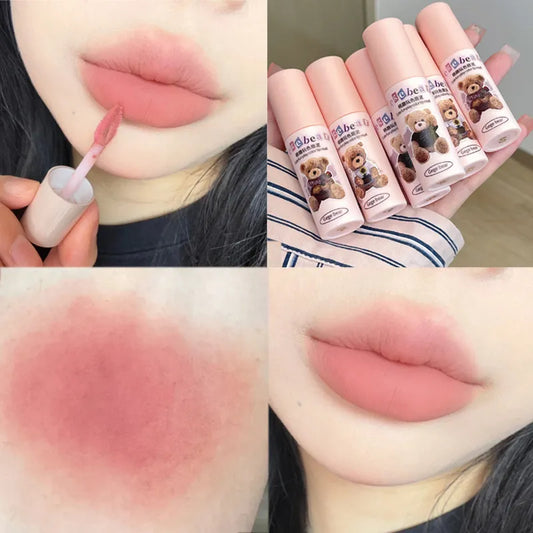 Cute Bear Matte Lip Gloss 6 Colors Misty Nude Lip Mud Waterproof Lasting Easy To Color Pink Red Velvet Lip Tint Makeup Cosmetics