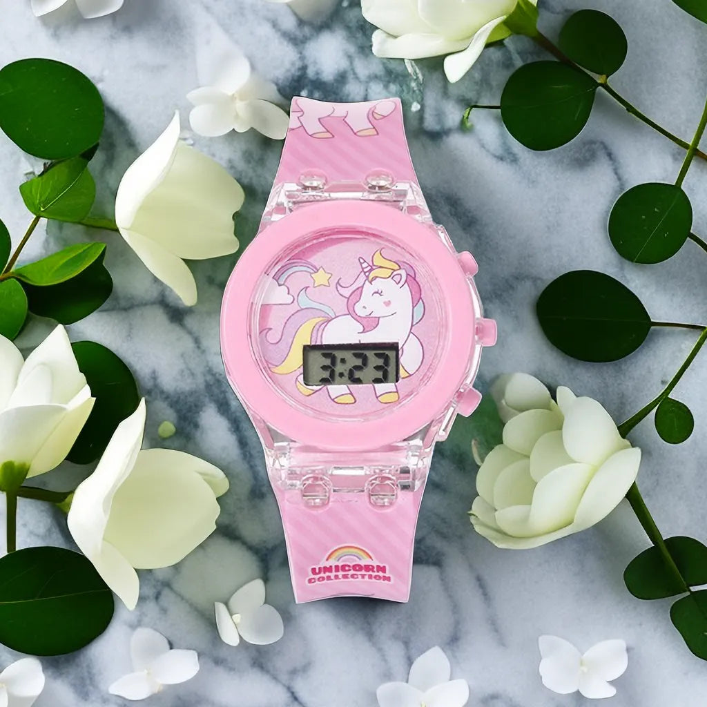 Luminous Children Watches for Girls Flash Glow Up Light Colourful Cartoon Unicorn Digital Electronic Clock Birthday Party Gifts