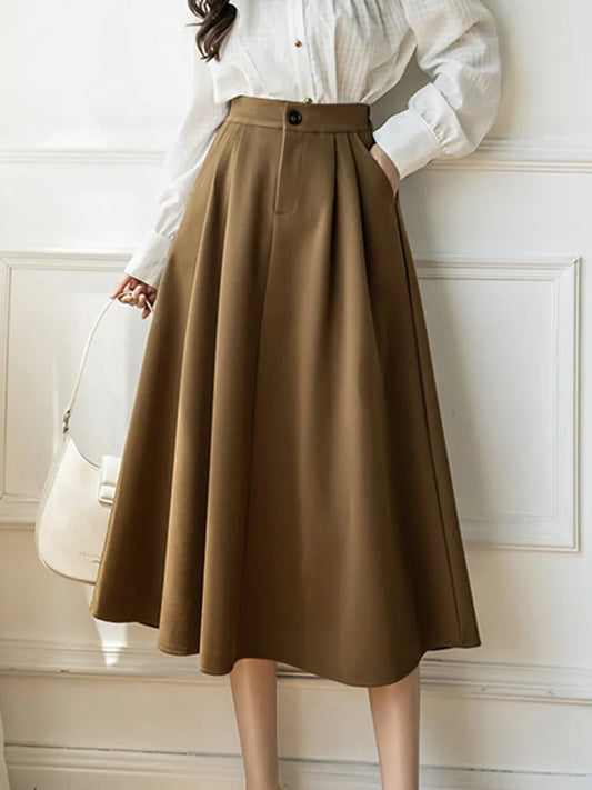 Autumn Winter Midi Skirt Women Korean A-Line Skirts Female Elegant Thick Office Lady Skirt Casual Loose Elastic Waistband Skirt