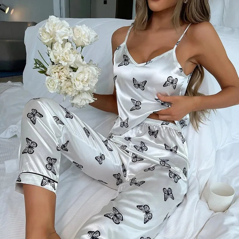 Women's Butterfly Print Cami Top with Pants Satin Pajama Set Sleepwear Women Pijama Pyjamas Summer Homewear Satin PJ Set