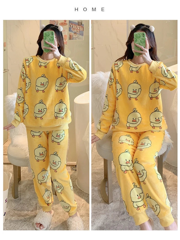 Winter Flannel Women Pajamas Sets Kawaii Cartoon Long Sleeve Sleepwear Warm Thick Coral Velvet Girl Home Pijamas Set New 2023