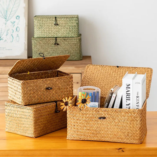 Ins Storage Baskets with Lid Rectangle Seaweed Weaving Box Clothes Laundry Basket Sundries Storage Box Household Tidy Organizer