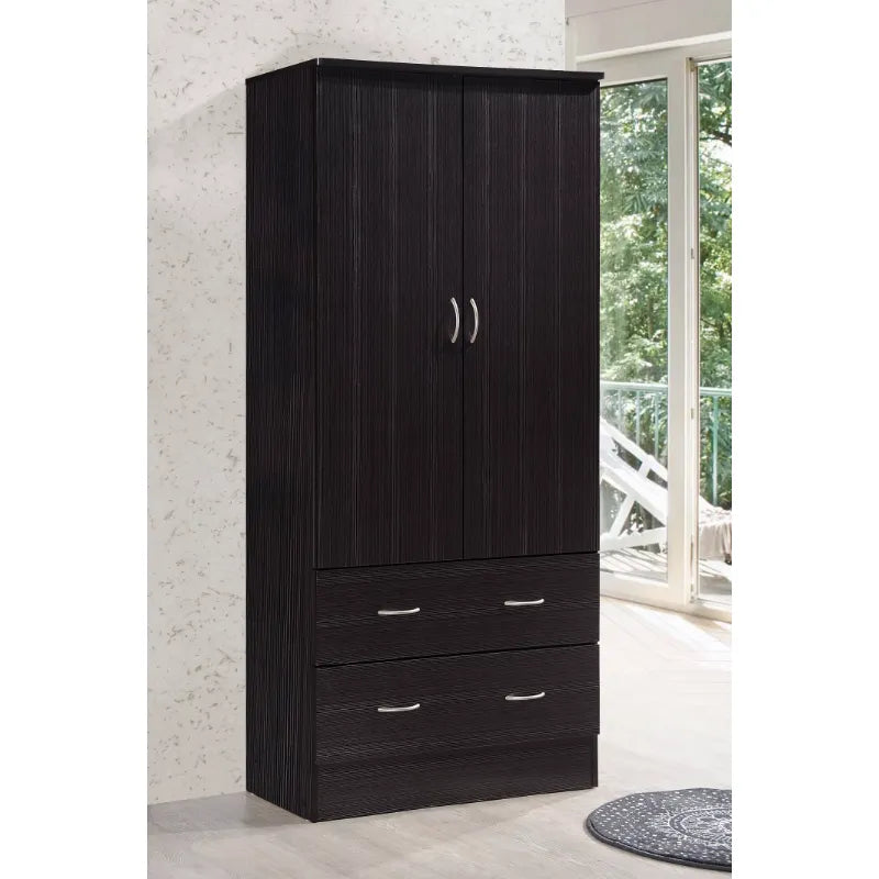 Hodedah Two Door Wardrobe with Two Drawers and Hanging Rod, Chocolate /Cherry/Beech/Black）Optional