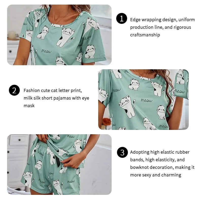 Women Pajamas Sets Short Sleeve Nightwear Top and Pants Sleepwear 3 Piece Pjs Loungewear Cartoon Print Pyjamas Set Nightwear