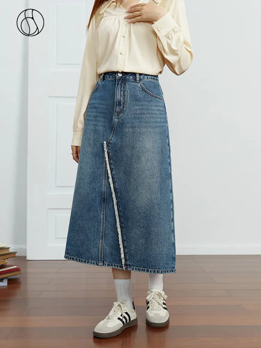 DUSHU Asymmetric Design Women Denim Blue A-LINE Skirts Autumn New HIgh Waist Retro Long Skirt Back Slit Design Commuter Bottoms