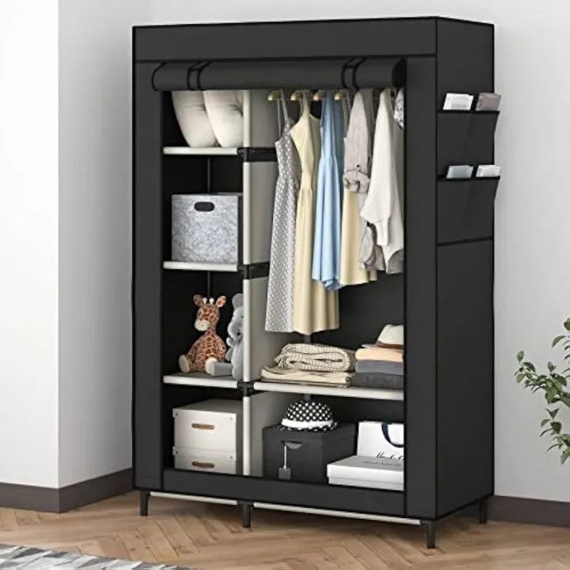 Buzowruil Canvas Wardrobe Portable Closet Wardrobe Clothes Storage with 6 Shelves and Hanging（Black/Black）optional