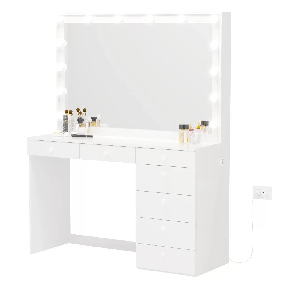 Ember Interiors Peggy Modern White Painted Vanity Table with Lights - Makeup Vanity Desk for Bedroom, Vanity Table with Mirrors