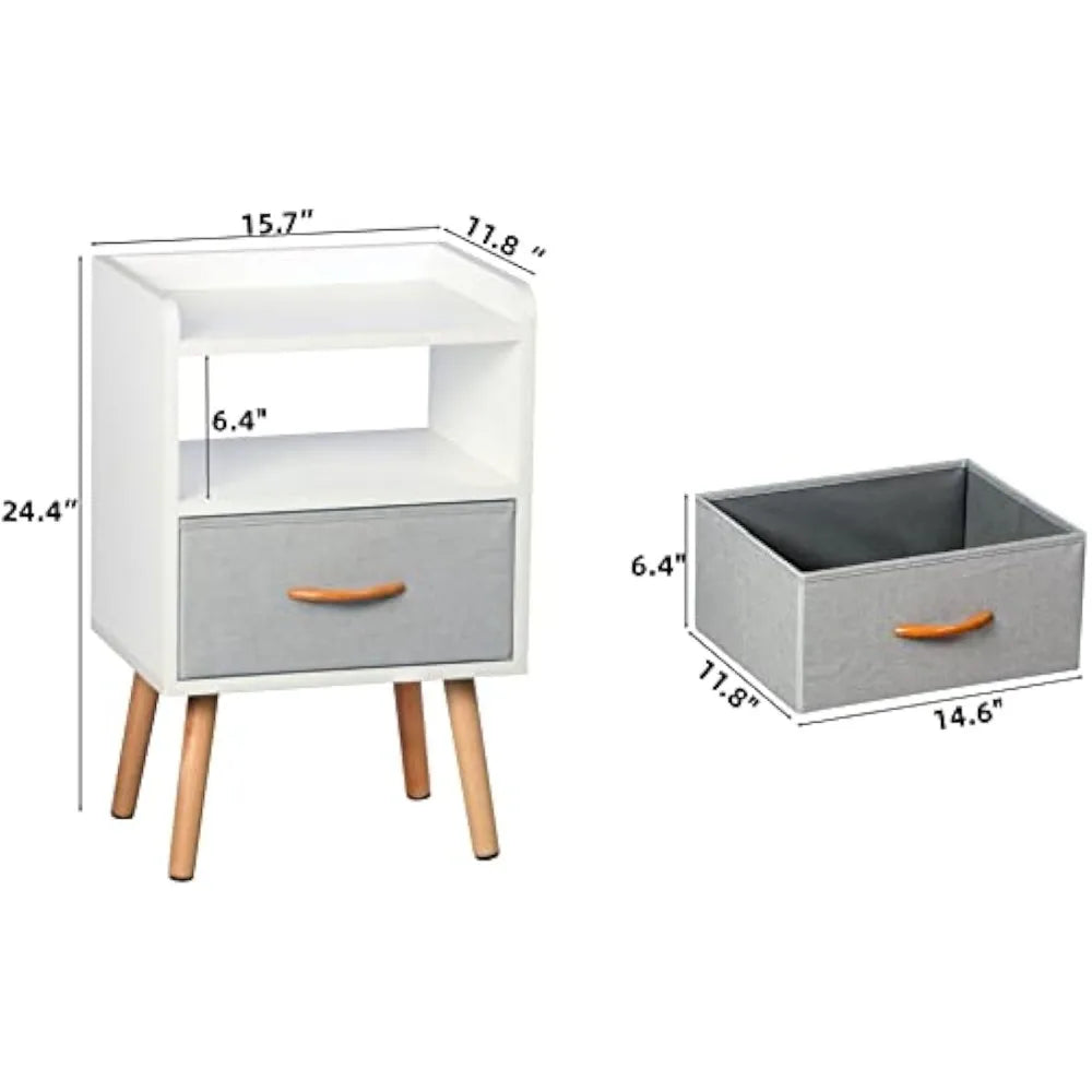 NightStand with Fabric Drawer, Bedside Table with Solid Wood Legs, Minimalist and Practical End Side Table