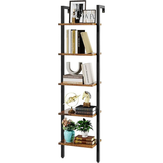 YMYNY 5 Tiers Ladder Bookcase, Industrial Wall Mounted Bookshelf, Open Display Rack with Metal Frame, Wooden