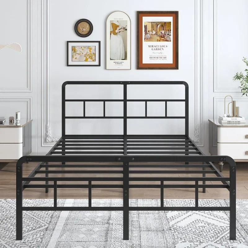 Full Size Metal Bed Frame with Headboard and Footboard, 14 Inch Black Heavy Duty Mattress Foundation with Steel Slat Support