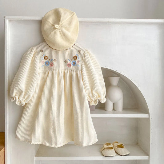 Spring Baby Girl Dress Infant Clothing Autumn Children Embroidered Lace Collar Bubble Long Sleeve Pit Striped Ladies Style Dress