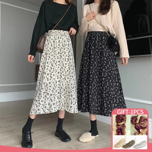 Arherige Vintage Floral Print A-line Pleated Long Skirts Summer Women Korean Streetwear Drawstring Elastic Waist Midi Skirt