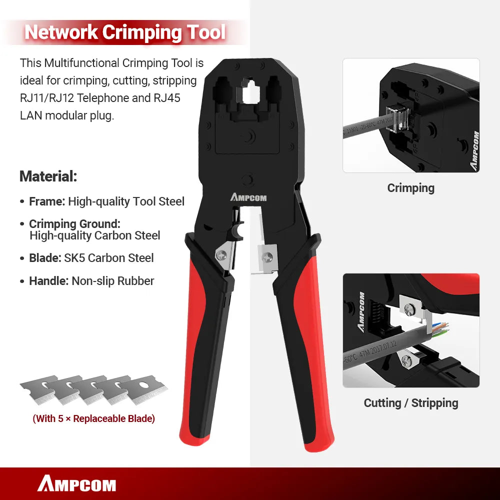 AMPCOM RJ45 Crimper Lan Tester Tool Set Ethernet Cable Stripper Punch Down Tool rj 45 rj11 Connectors 12 in 1 Cabling Repair Set