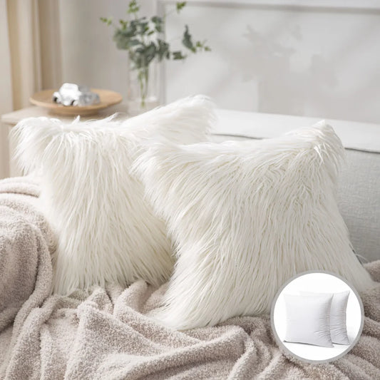 Fluffy Faux Fur Series Square Decorative Throw Pillow Cusion for Couch, 20" X 20", White, 2 Pack,simple and Modern