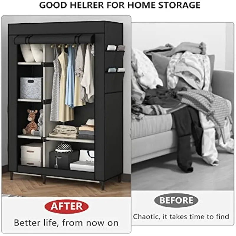 Buzowruil Canvas Wardrobe Portable Closet Wardrobe Clothes Storage with 6 Shelves and Hanging（Black/Black）optional