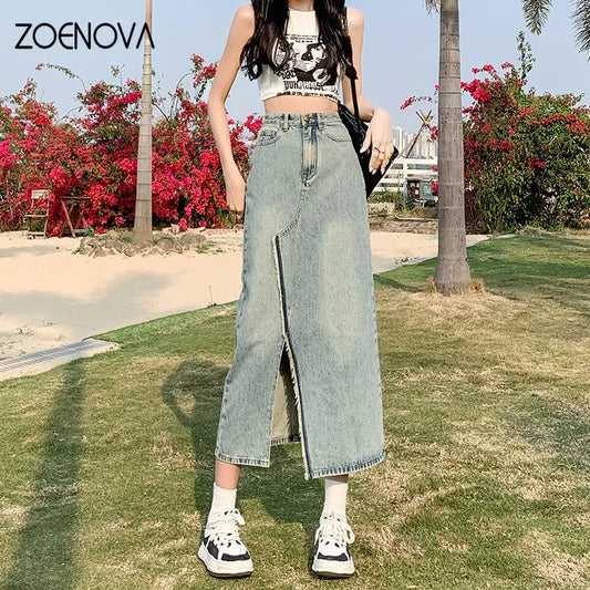 ZOENOVA Women's Front Slit Nostalgia Blue Denim Skirt Pockets High Waist Slim A-LINE Skirts 2023 New Female Casual Streetwear