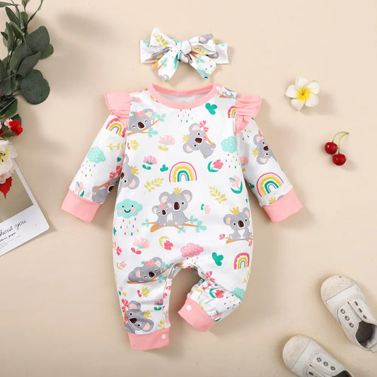 0-12Months Newborn Baby Clothes Girl Long Sleeves Cute Cartoon Bodysuit with Headband 2PCS Infant Romper Toddler Girl Jumpsuit