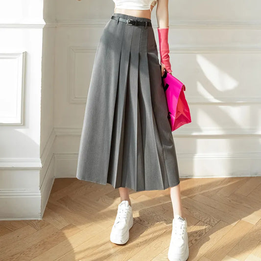 Gray Fashion High Waist A-line Pleated Skirt Women Long Skirts Office Lady Elegant Suit Skirt 2023 New Spring Autumn Midi Skirts